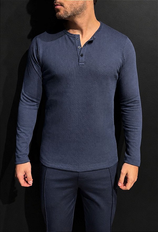 Henley Manga Longa Texturizada Vidic Marinho