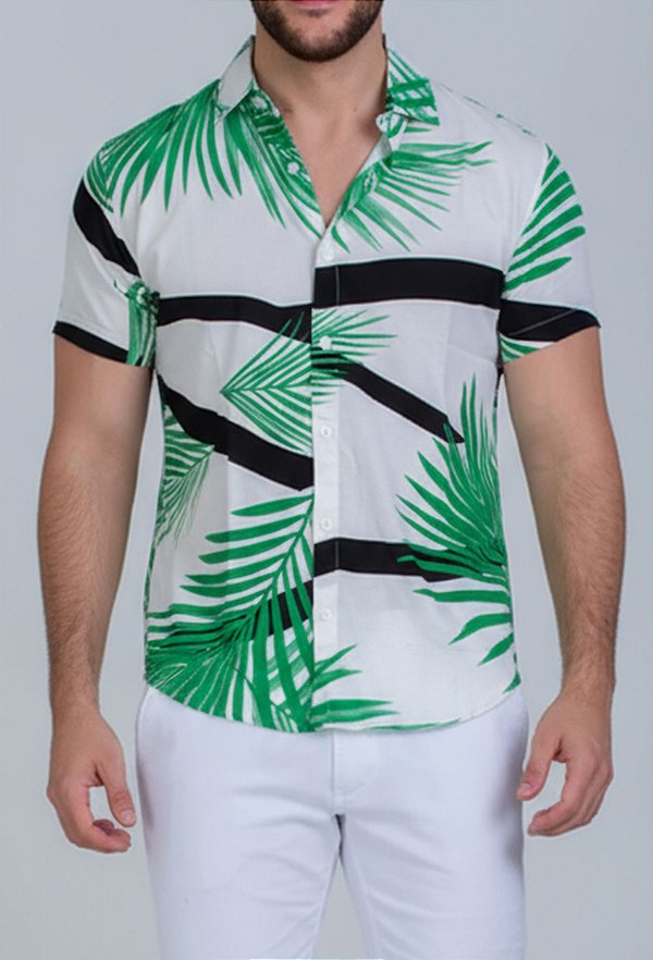 Camisa Floral Viscose com Listras Geométricas Vidic Verde