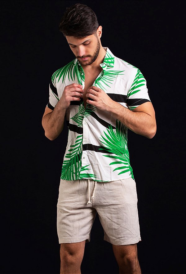 Camisa Floral Viscose com Listras Geométricas Vidic Verde