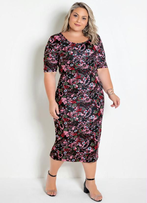 Vestido Midi Floral Plus Size Mangas 3/4