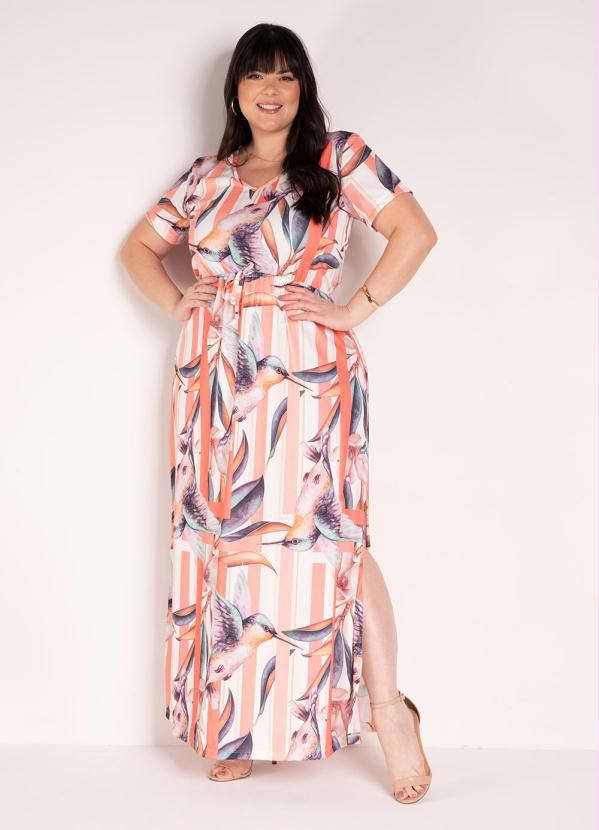 Vestido Pássaros Salmão Com Fendas Plus Size