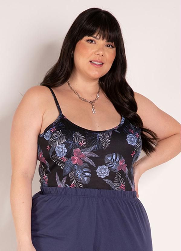 Body Floral Preto Com Alças Plus Size