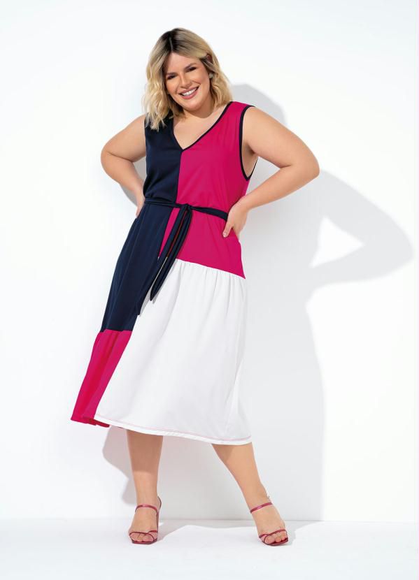 Vestido Tricolor Com Faixa Grátis Plus Size