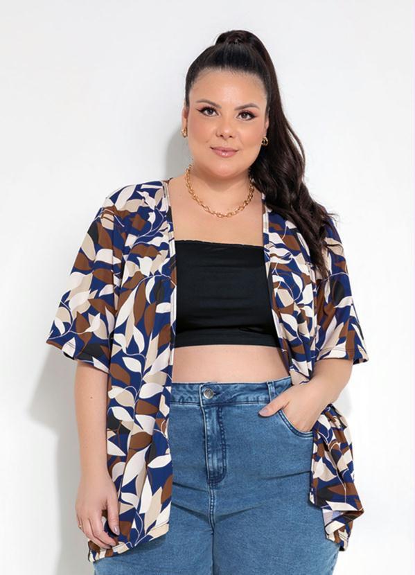 Kimono Folhagem Azul Aberto Plus Size