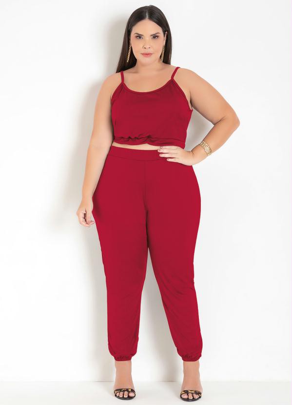 Conjunto Vermelho Com Cropped E Calça Plus Size