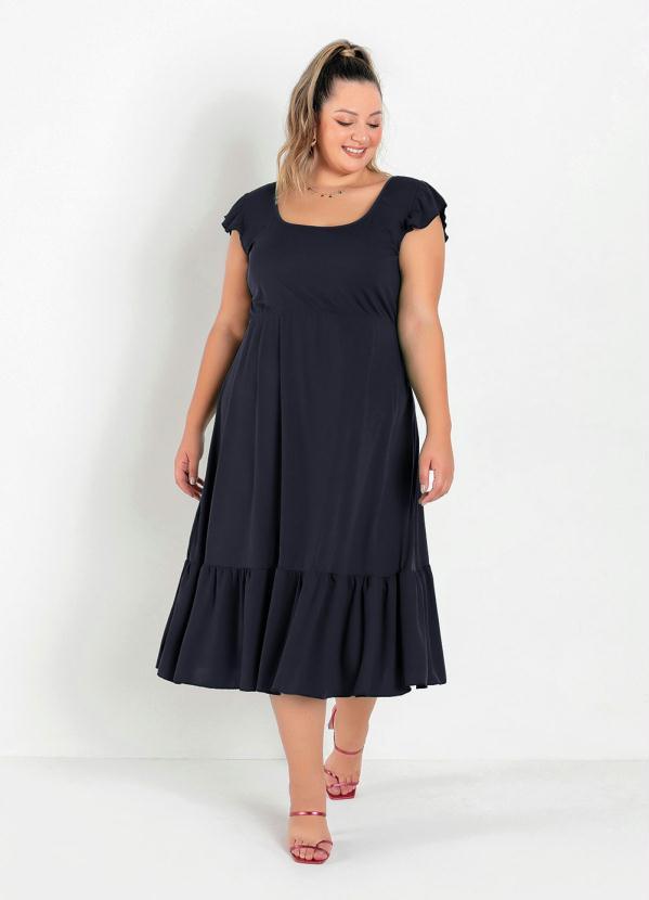 Vestido Midi Preto Com Franzidos Plus Size