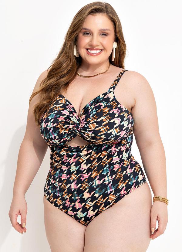 Body Pied Poule Colorido Em Malha Fria Plus Size