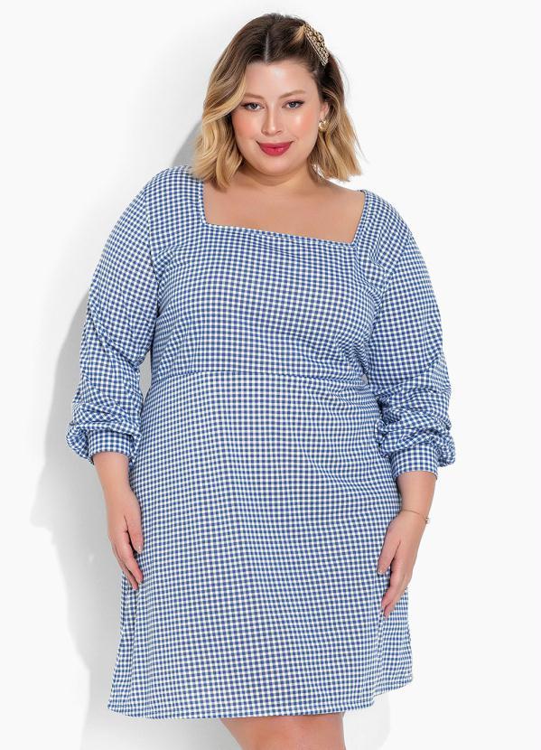 Vestido Xadrez Vichy Azul Com Mangas Plus Size