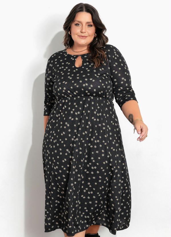 Vestido Poá Floral Preto Plus Size