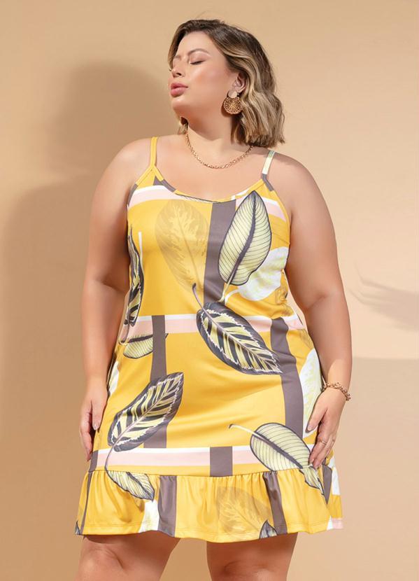 Vestido Folhas Amarelo Com Babado Plus Size
