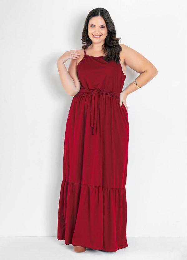 Vestido Plus Size Longo Bordô Com Babado