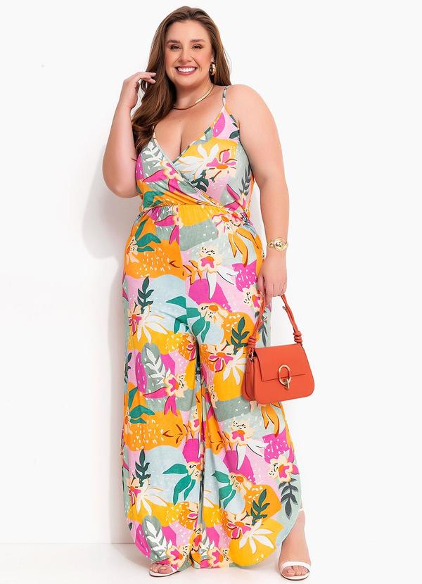 Macacão Floral Colorido Em Malha De Viscose Plus