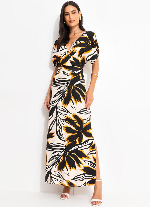 Vestido Floral Bege Em Malha De Viscose