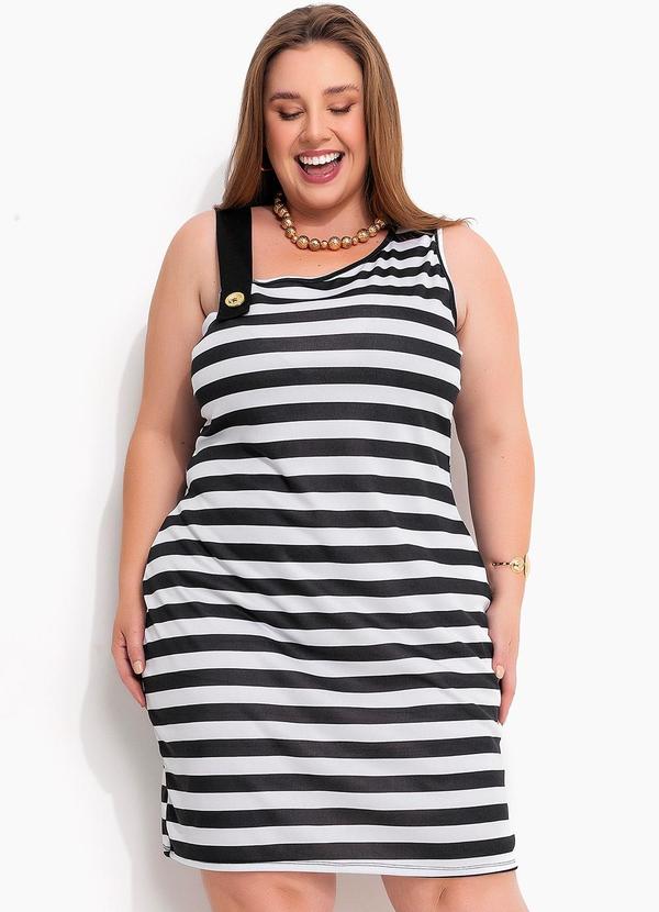 Vestido Listrado Preto E Branco Em Malha Plus Size