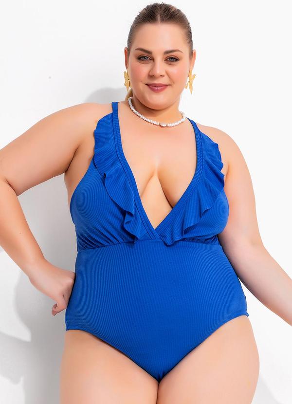 Maiô Azul Em Malha Canelada Texturizada