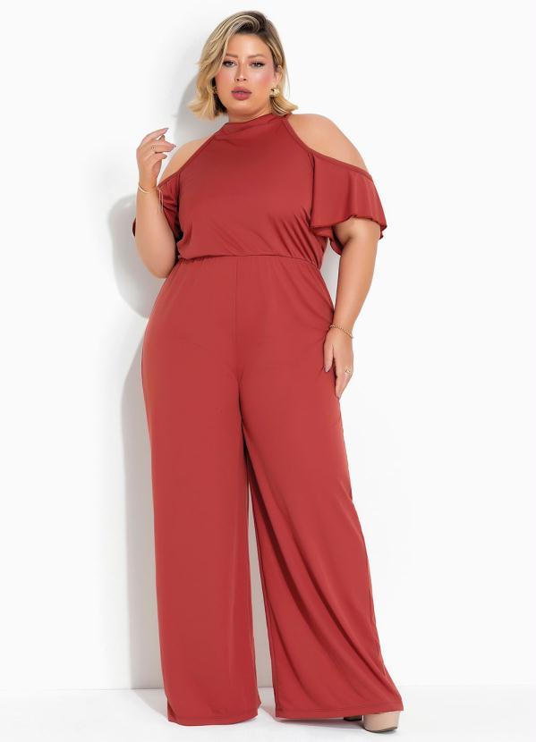 Macacão Terracota Com Decote Halter Plus Size