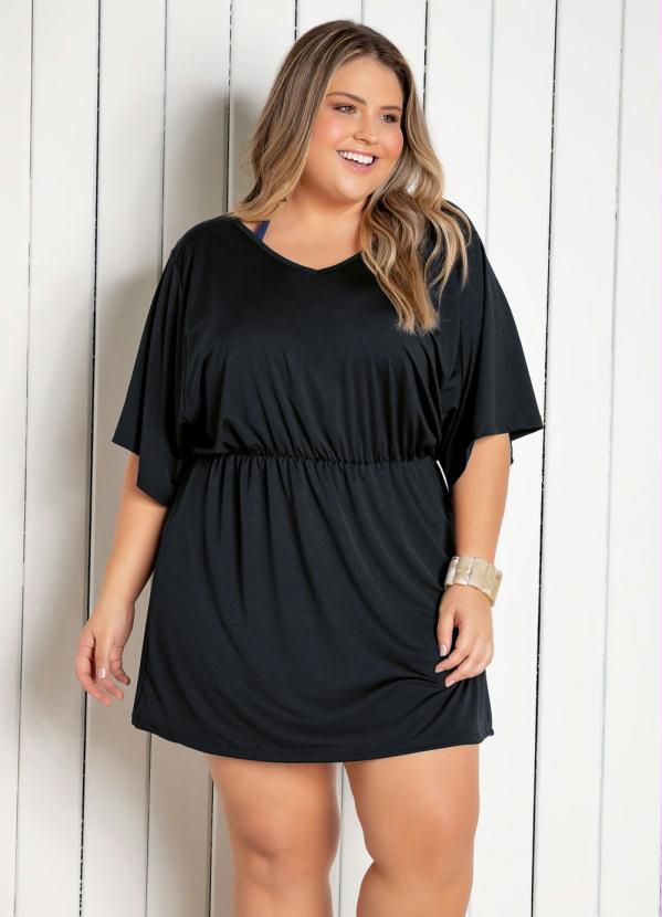 Saída de Praia Preto com Elástico na Cintura Plus Size