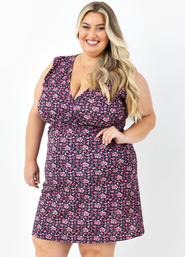 Vestido Decote V Floral Escuro Plus Size