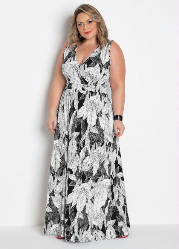 Vestido Longo Transpassado Plus Size Folhagem