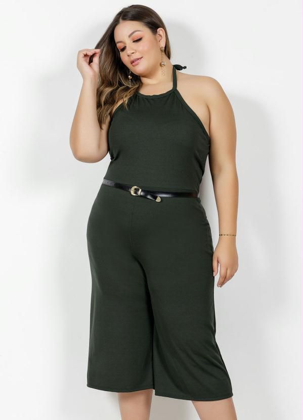 Macacão Verde Pantacourt Frente Única Plus Size