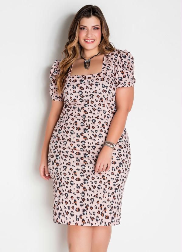 Vestido Mangas Princesa Onça Rosê Plus Size