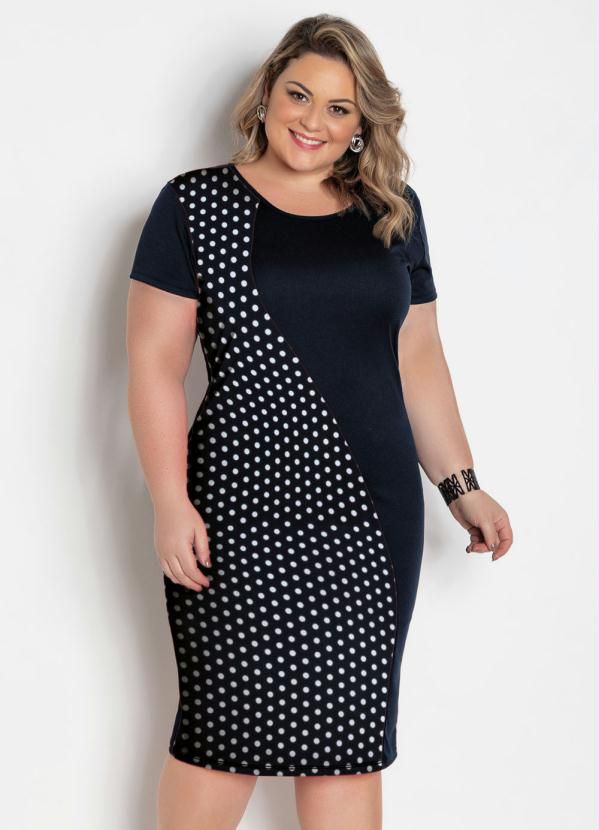 Vestido Midi Preto E Poá Plus Size