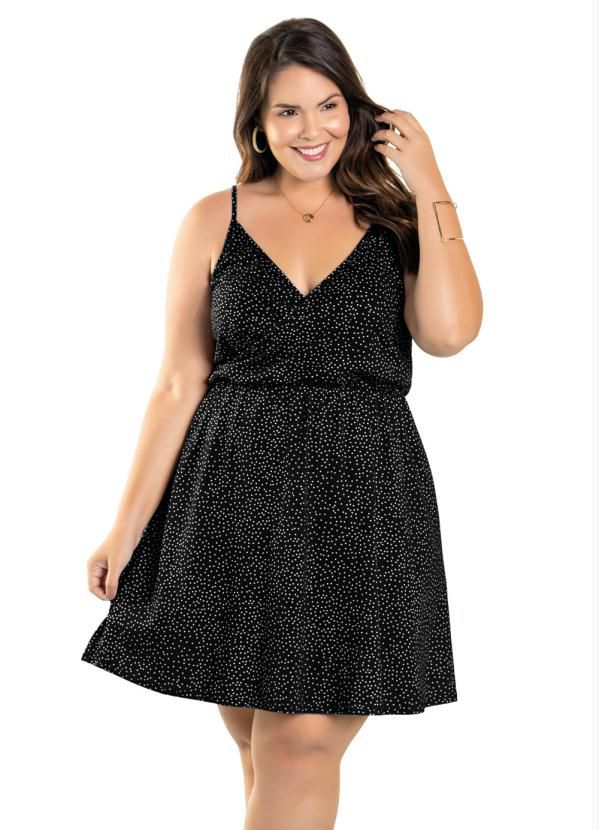 Vestido Plus Size Poá Preto Com Alças