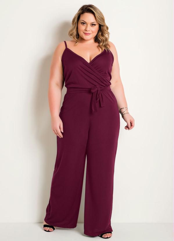 Macacão Pantalona Com Alças Bordô Plus Size