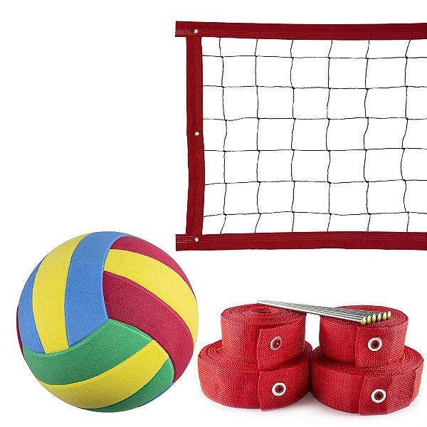 Kit Rede de Vôlei com Marcação e Bola Evo Sports 7 metros Vermelho