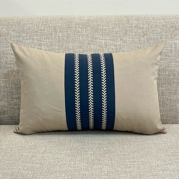 Capa Para Almofada Cotone Linho Faixa Bordada Azul Indigo