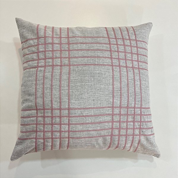 Capa Para Almofada Linho Prata Bordada Xadrez Rosa Blush