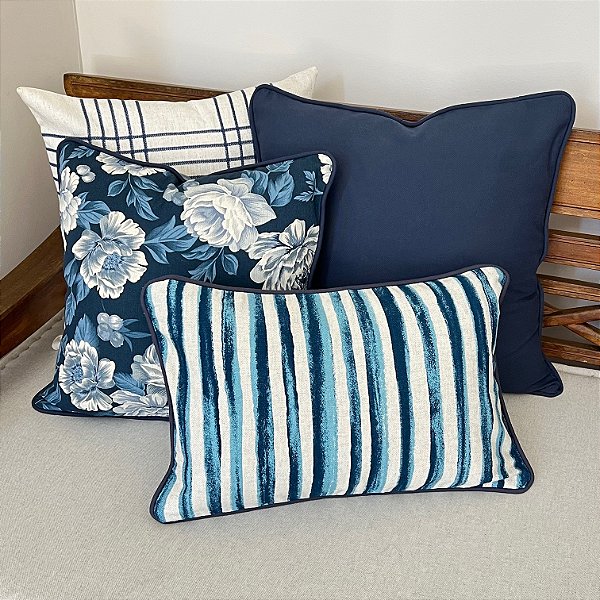Kit Padrão Floral Azul e Linho Bordada Xadrez Azul Marinho