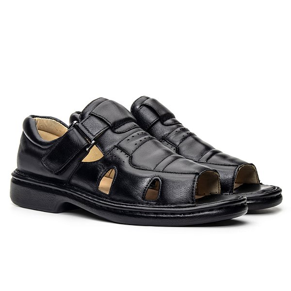 Sandália Masculina De Couro Legítimo  Ultra Comfort - CS364 Preta