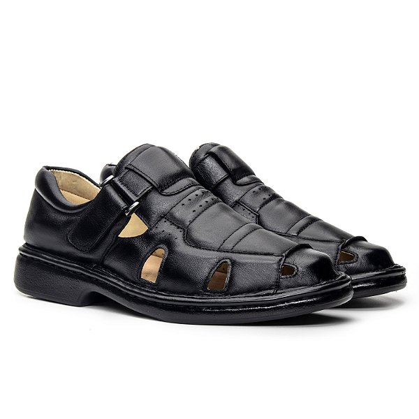 Sandália Masculina De Couro Legítimo Ultra Comfort - CS365 Preta