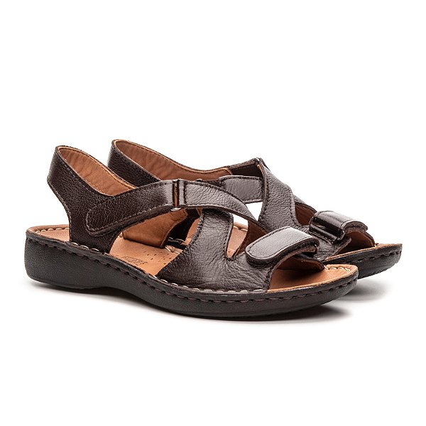 Sandália Feminina Com Velcro De Couro Legítimo Comfort - 10322 Café