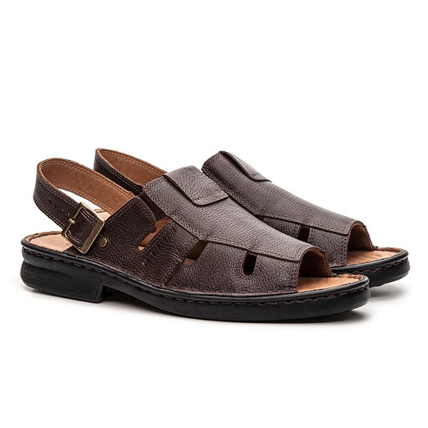 Sandália Masculina De Couro Legítimo Comfort Tira Com Ajuste - 44010 Café