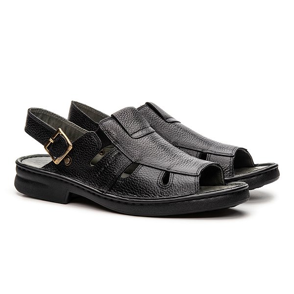 Sandália Masculina De Couro Legítimo Comfort Tira Com Ajuste - 44010 Preta