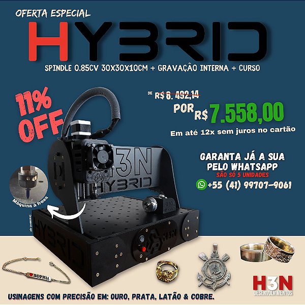 CNC H3N Hybrid Ourives Spindle 0.85Cv 30x30x10cm - Com Gravação Interna