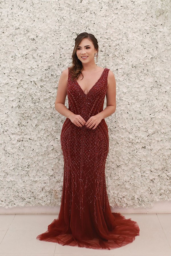vestido marsala tule bordado
