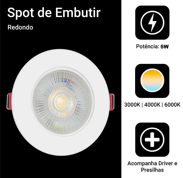 Spot LED Embutir Direcionável Redondo 5W Bivolt 6500K Branco Frio Bivolt 9cmX2.5cmX9cm