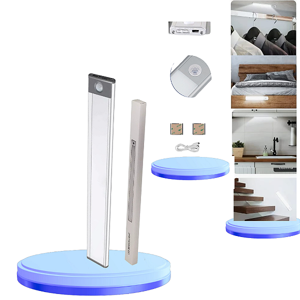 Luminária Barra De  Led C/Sensor Presença Recarregavel Com Cabo USB Pratado Para Armário,Cama ,Guarda-roupa 40cm 4000k