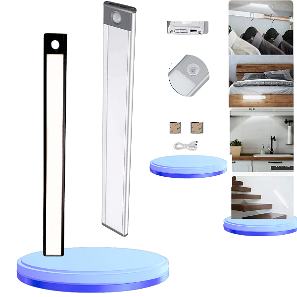 Luminária Barra de  Led C/Sensor Presença Recarregavel Com Cabo USB Preto Para Armário,Cama ,Guarda-roupa 60cm 4000k