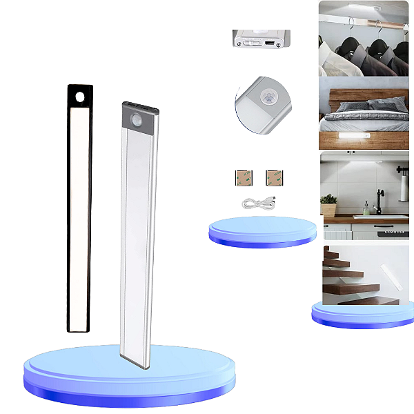 Luminária Barra De  Led C/Sensor Presença Recarregavel Com Cabo USB Preto Para Armário,Cama ,Guarda-roupa 40cm 4000k