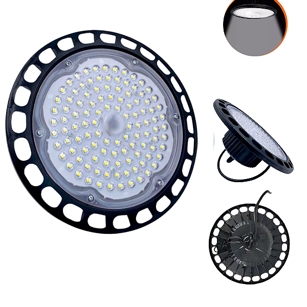 Luminária Led Ufo Smd 200W 100% Lúmen Com Driver IP67 Industrial Bivolt 98v-220v Branco Frio 6500k