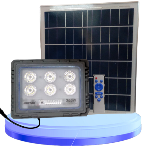 Refletor Led Solar Holofote  JORTAN 200W Com Placa Bateria Prova Dágua IP66 Branco Frio  Aluminio
