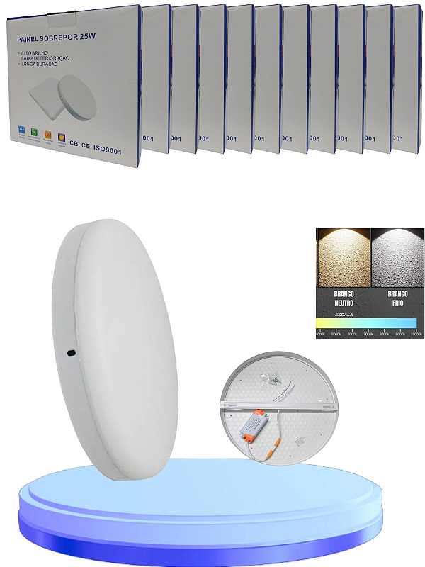Kit 10 Plafon Led Borda infinita 25W  Sobrepor Redondo Bivolt Frio 6500k ou 4000k 17cm