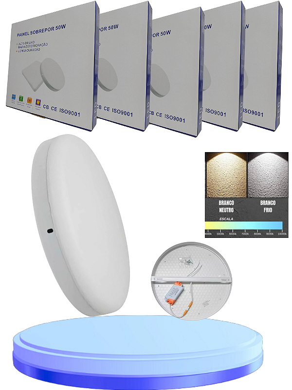 Kit 5 Plafon Led Borda Infinita 50W Redondo SOBREPOR Bivolt 110v-220v Branco Frio 6500K