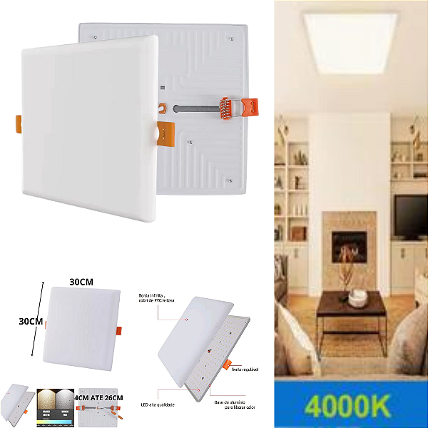 Plafon Led Borda Infinita 50w Embutir Quadrado 30cmx30cm Bivolt 100v-220v Neutro 4000k