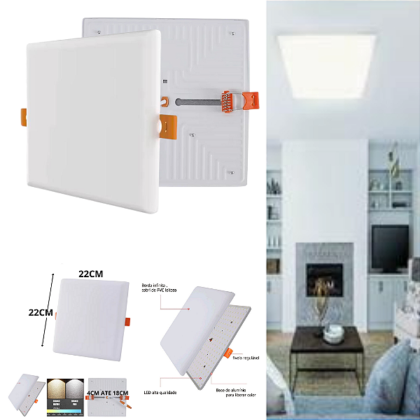 Plafon Led Borda Infinita 38w Embutir Quadrado 22cmx22cm Bivolt 98v-220v Branca Frio 6500K