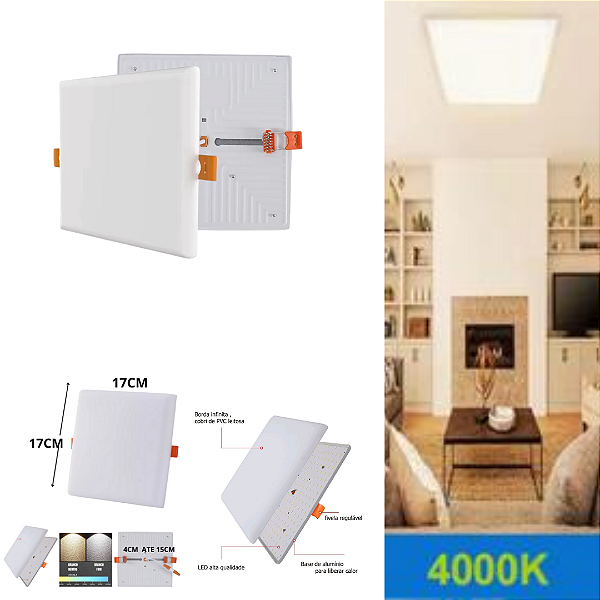 Plafon Led Borda Infinita 25w Embutir Quadrado 17cmx17cm Bivolt 98v-220v Neutro 4000K